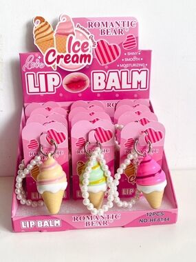 💋6x $15 💋Romantic Bear Ice Cream Lip Balm Keychain - Pink
